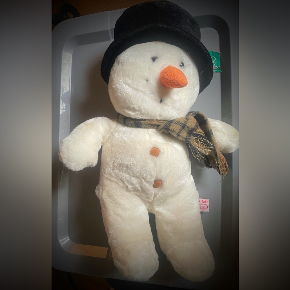 Russ White Snowflake Snowman Stuffed Animal with Black Hat Scarf. Has Tag